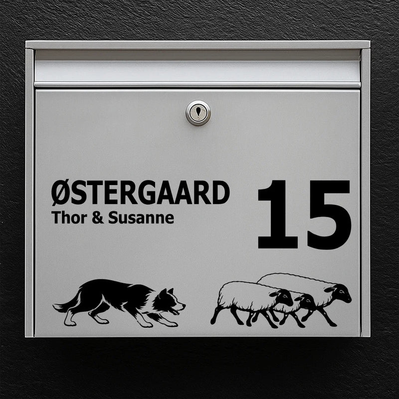 Brevlådeklistermärke med Border collie med får