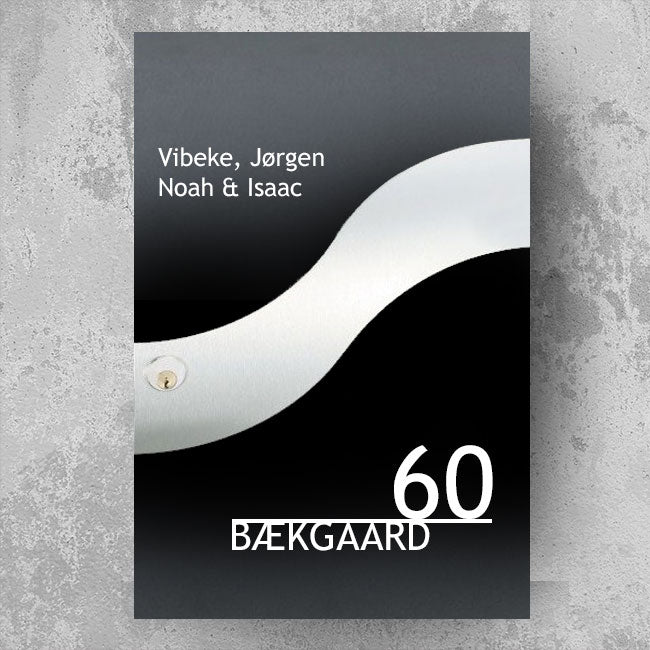 Brevlådeklistermärke i vågformad design - namnlista överst, stort husnummer och efternamn understruket - väderbeständig vinyl