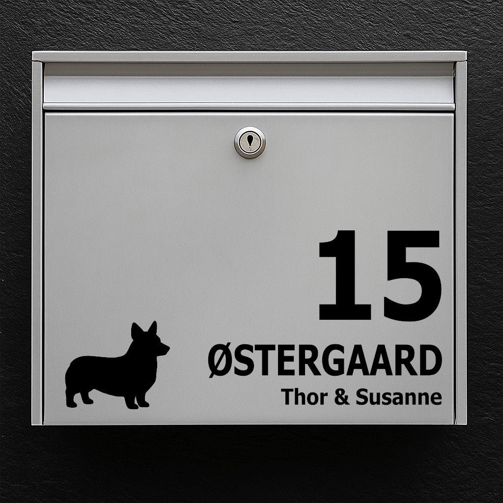 Corgi Silhouette Postlådeklistermärke - Personligt namnskylt och husnummer - Väderbeständig vinyl