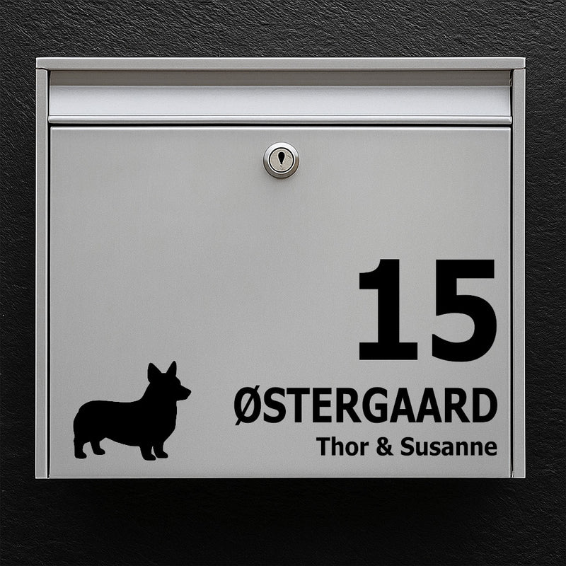 Corgi Silhouette Postlådeklistermärke - Personligt namnskylt och husnummer - Väderbeständig vinyl