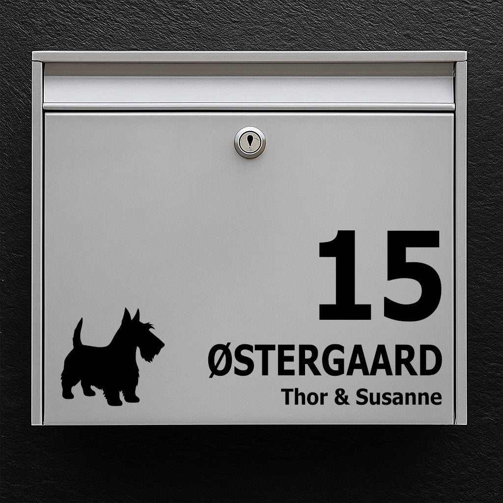 Brevlådenamnskylt - skotsk terriermotiv - anpassad text i flera rader - robust utomhusklistermärke
