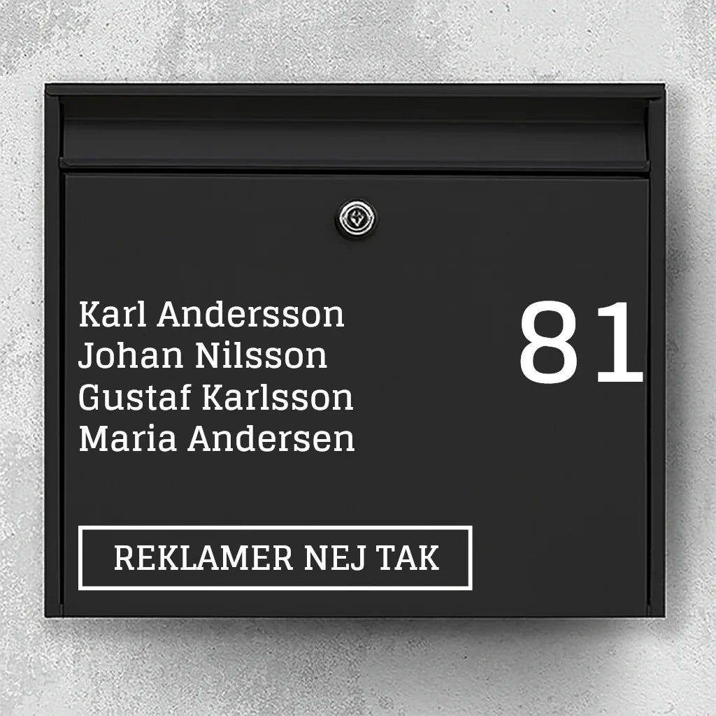 Brevlådeetikett - lista med namn och stort husnummer + "Ingen reklam"-märke 