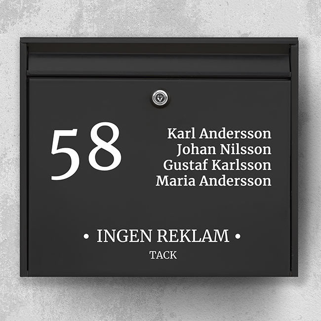 Brevlådeetikett med husnummer, namnlista i flera rader och texten "INGEN REKLAM - TACK" - personlig och väderbeständig