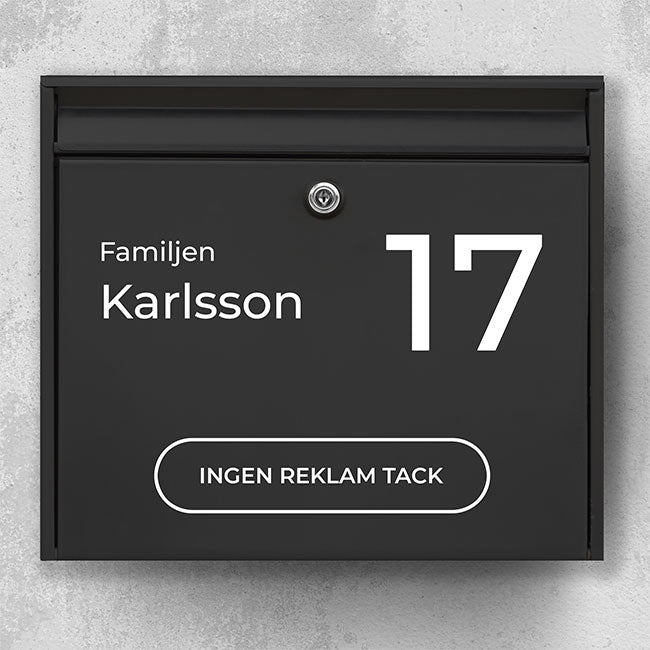 Brevlådans namnskylt i modern design - stort husnummer, plats för efternamn och knapp med "Ingen reklam, tack" - väderbeständig vinyl