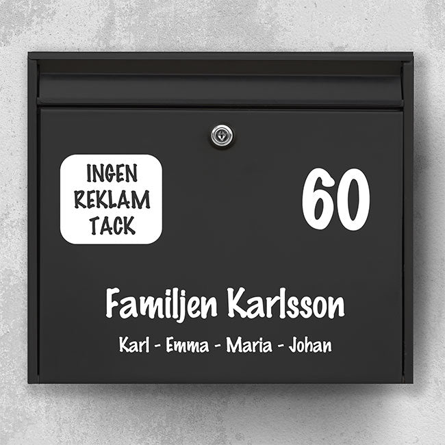 Handskriven brevlådaetikett - stort husnummer, efternamn och skylt "Ingen reklam, tack" - väderbeständig vinyl