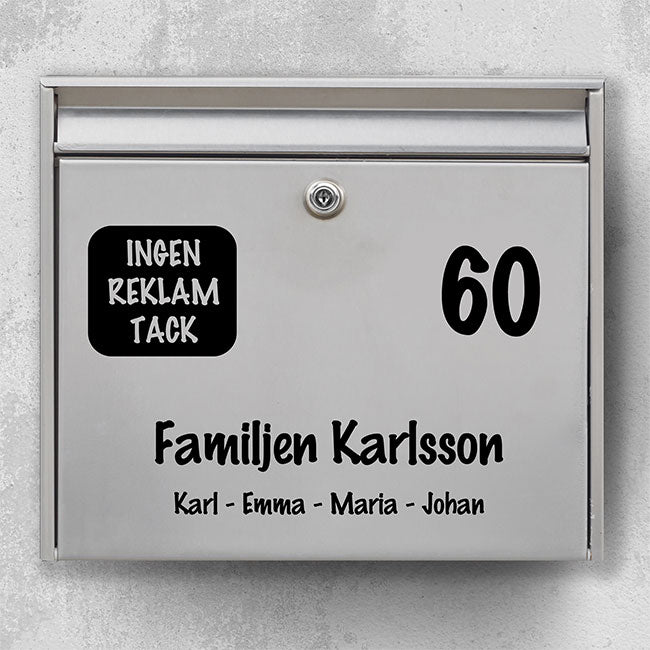 Brevlådans namnskylt - Rundad ikon med "Inga annonser, tack", tydlig siffra och linje för efternamn - Robust utomhusklistermärke