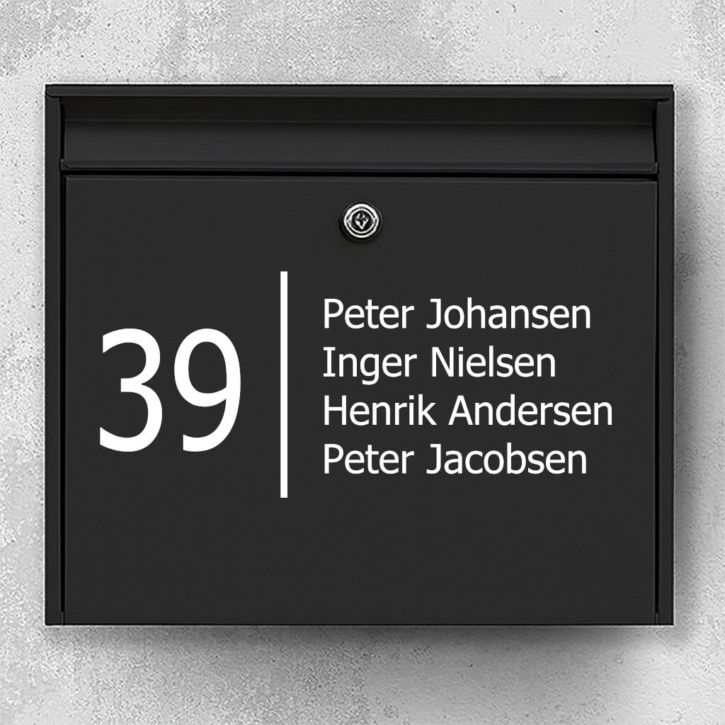 Brevlådeetikett med stort husnummer och vertikal avdelare - namnlista med flera rader - väderbeständig vinyl