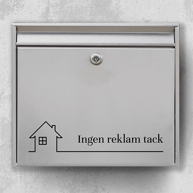 Namnskylt för brevlåda utan reklam - diskret design med hussymbol och texten "Ingen reklam, tack" - robust utomhusetikett