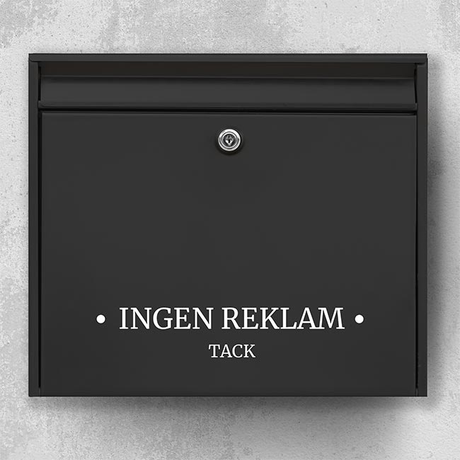 Reklamfri brevlåda-klistermärke • ”Ingen reklam tack” • enkel, svart text på metall