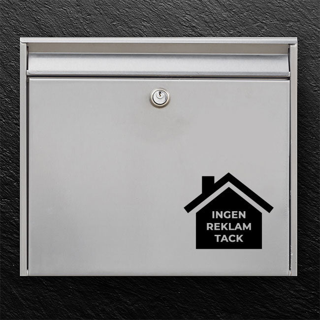 Brevlådeklistermärke med husikon – ”Inga annonser, tack” på silverfärgad brevlåda