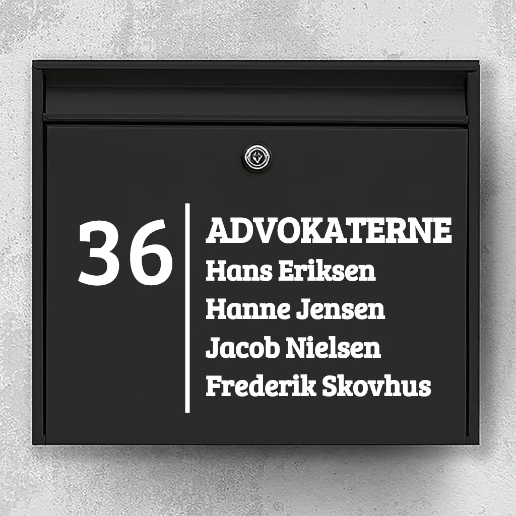 Brevlådeklistermärke - företagsnamn med stort nummer och lista med namn