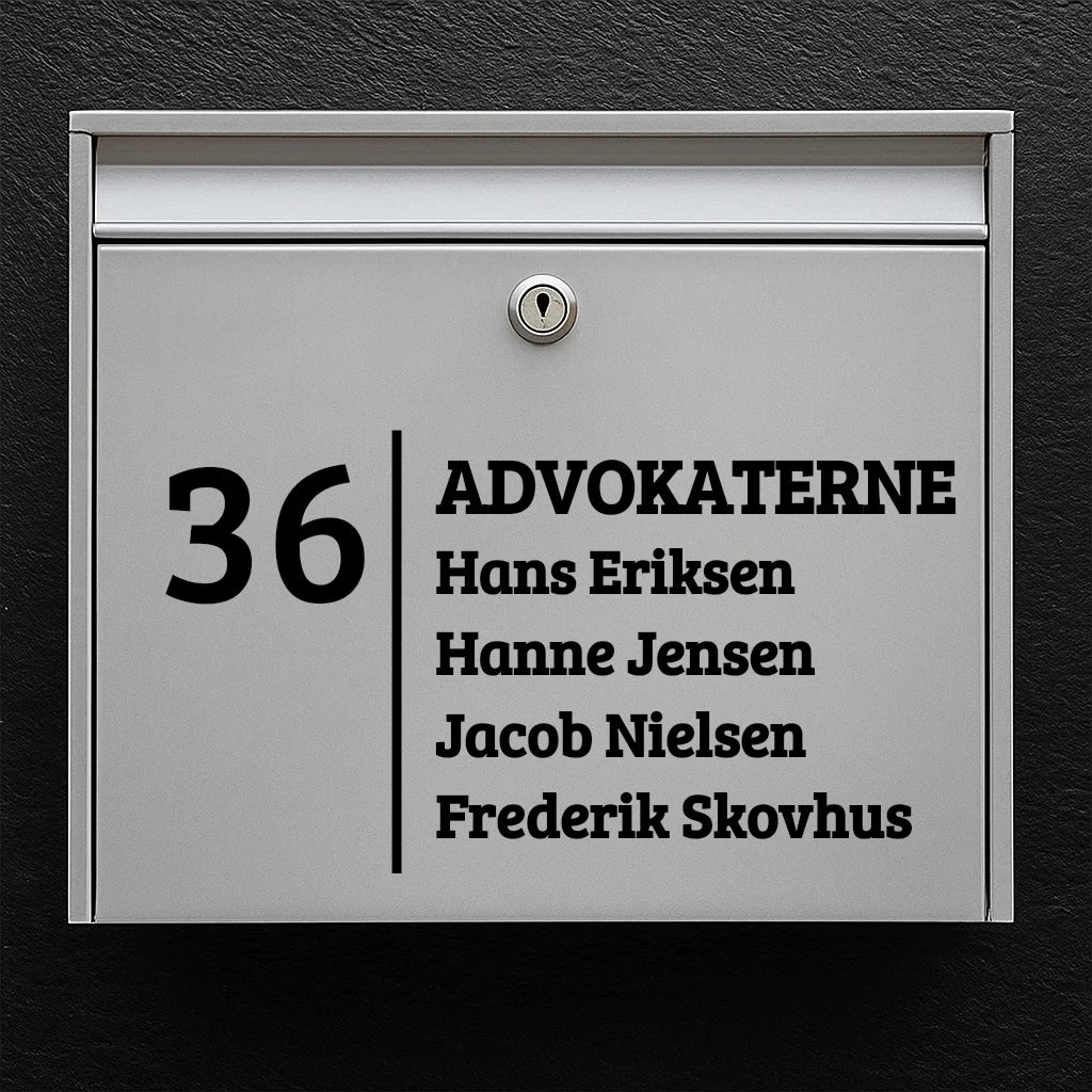 Brevlådeklistermärke - företagsnamn med stort nummer och lista med namn