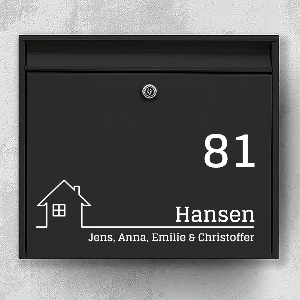 Brevlådeklistermärke – husikon, stort husnummer och efternamn