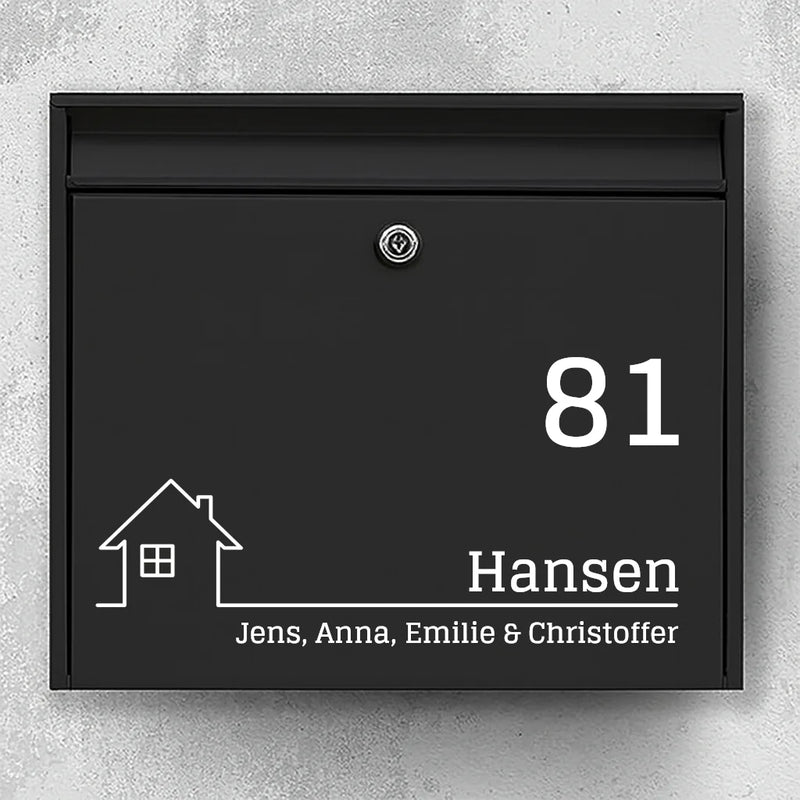 Brevlådeklistermärke – husikon, stort husnummer och efternamn