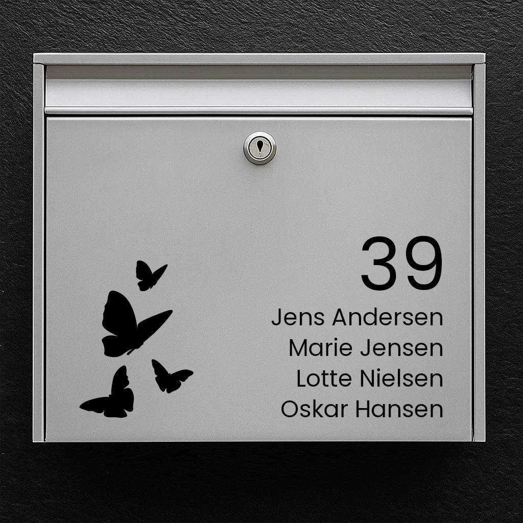 Brevlådeklistermärke – fjärilar med husnummer och namnlista