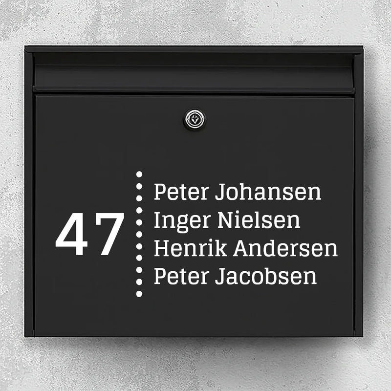 Brevlådeklistermärke - husnummer med prickad skiljelinje och namnlista