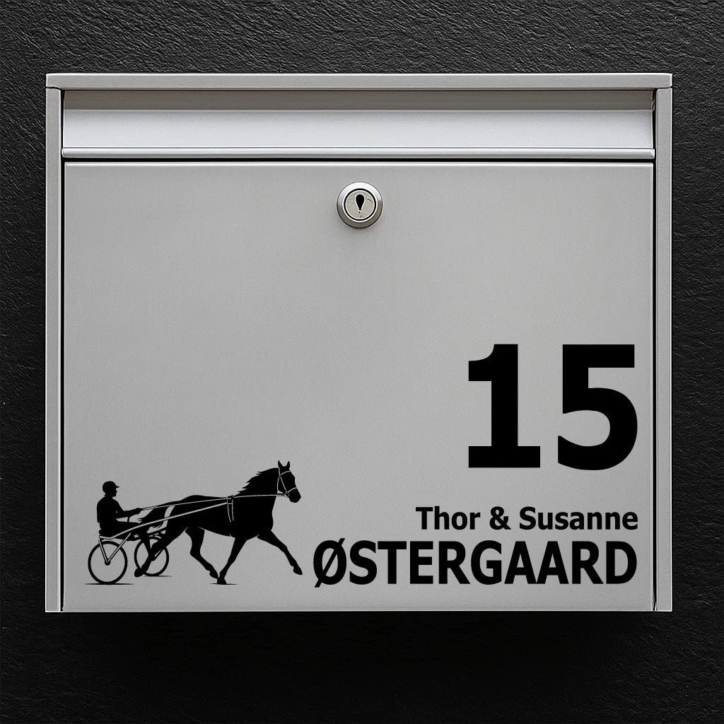 Brevlådeklistermärke med Travhäst (med sulky)